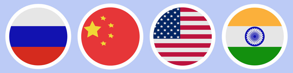 Flags of different countries. A set of stickers on a white backing. Collection of vector icons. Isolated background. Russia, China, India, USA. National symbol of the state. Political themes. 