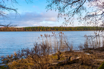 Winter landscape of Vistula river estuary to Baltic Sea aside Gull Sandbank - Mewia Lacha - wildlife reserve on Wyspa Sobieszewska Island near Gdansk in Poland