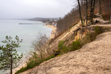 Subsiding slope of Klif Orlowski Cliff - loess steep shore undermined by Baltic Sea waves in Gdynia Orlowo in Pomerania region of Poland