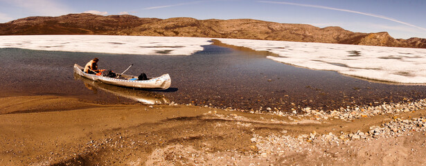 Arctic Circle Trail lake and mountain landscapes between Kangerlussuaq and Siimiut in Greenland.