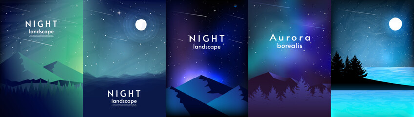 Vector illustration. Landscapes set. Abstract aurora landscape. Design for covers, posters, brochures, design. Flat illustration on light backdrop. Adventure concept.  © Goldenboy_14