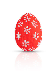 Hand painted red Easter egg decorated white flowers isolated on white. Colored easter egg on white background. 