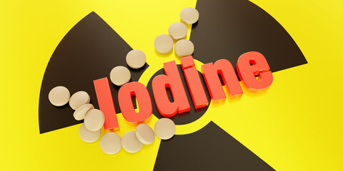 Iodine pill on radiation sign. Potassium iodide tablet for nuclear protection. 3d render