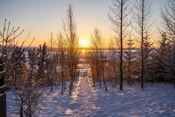Beautiful snowy landscape in Iceland at sunrise. 