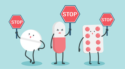 Cut pills holding stop sign character cartoon art illustration