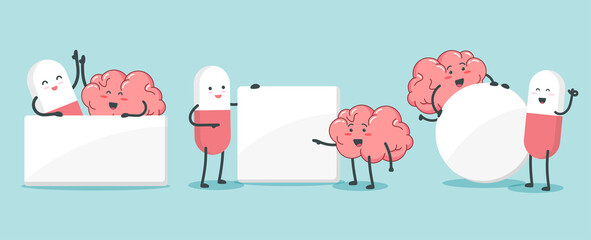 Cut pills and brain holding empty signs character cartoon art illustration