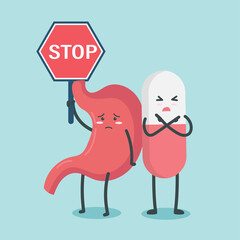 Cut pills and sad stomach holding stop sign character cartoon art illustration