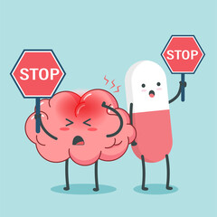 Cut pills and sad brain holding stop sign character cartoon art illustration