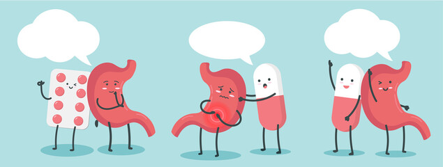 Cut pills and stomash with empty speech bubble character cartoon art illustration