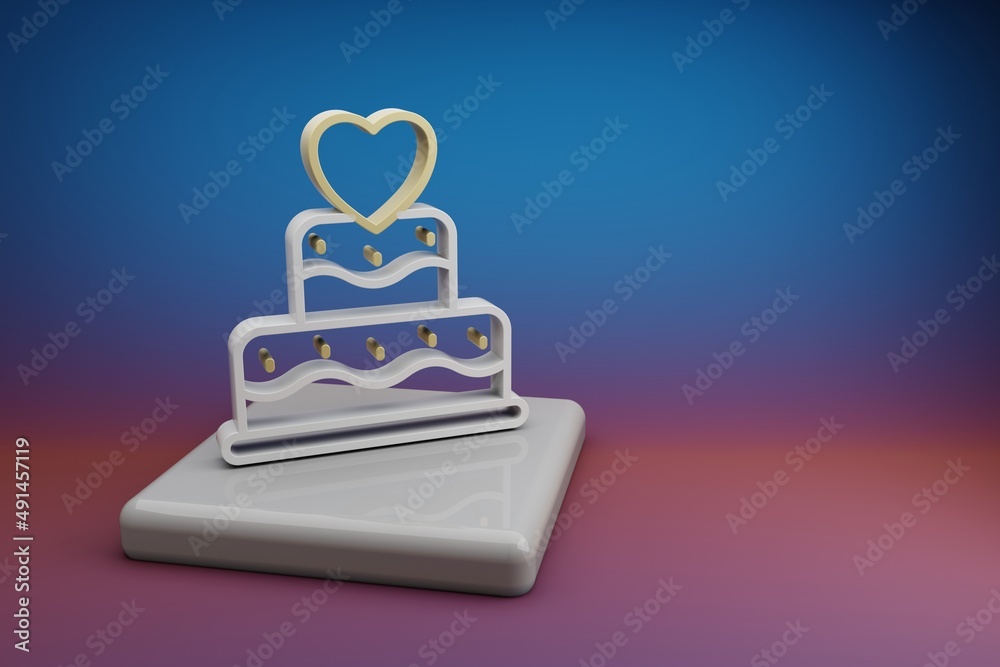 Poster wonderful wedding cake with heart symbol icons on a ceramic stand and bright colored background. 3d 