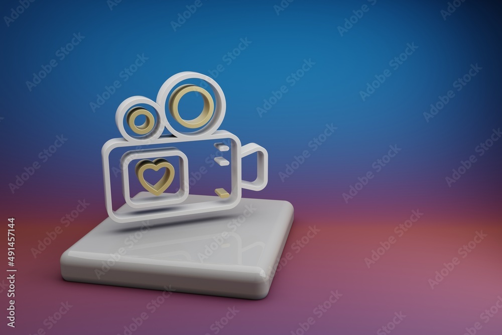 Aufkleber Wonderful Video Camera with heart symbol icons on a ceramic stand and bright colored background. 3d rendering illustration. Background pattern for design. Wedding day.