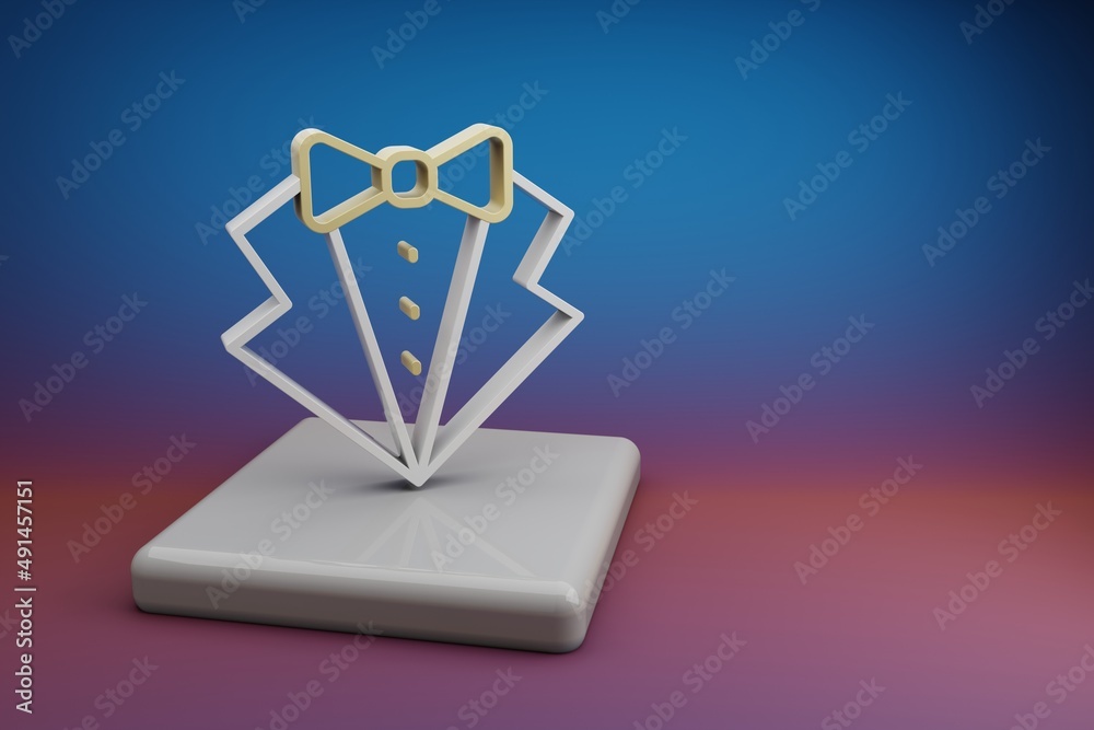 Poster Wonderful Tuxedo symbol icons on a ceramic stand and bright colored background. 3d rendering illustration. Background pattern for design. Wedding day.
