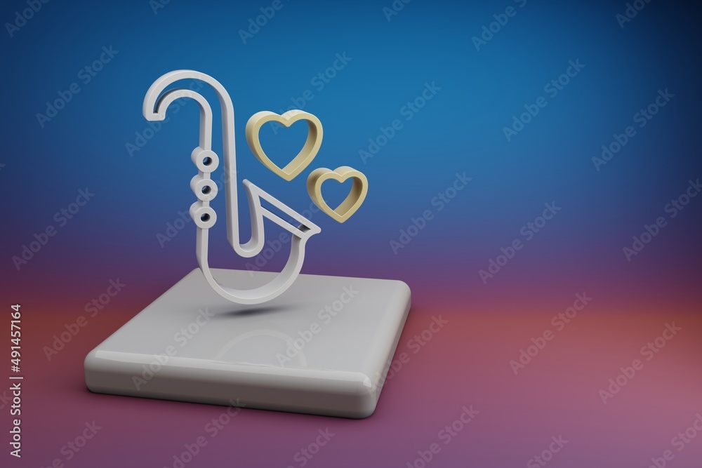 Poster wonderful saxophone with heart symbol icons on a ceramic stand and bright colored background. 3d ren