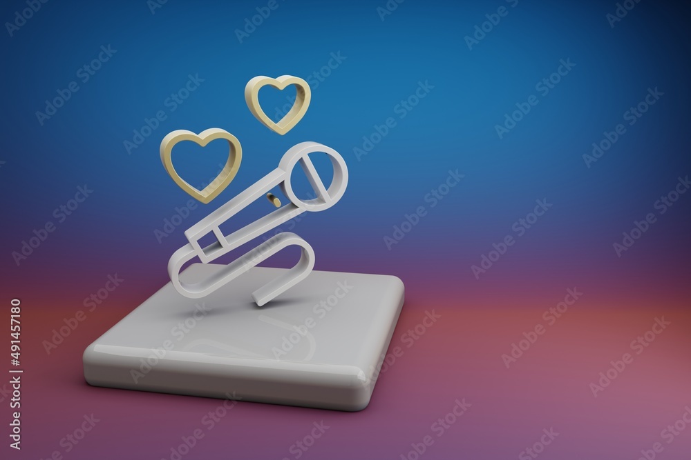 Poster wonderful microphone with heart symbol icons on a ceramic stand and bright colored background. 3d re