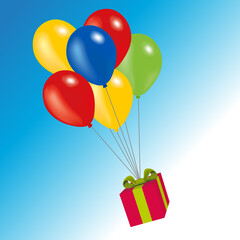Symbole d’une promotion commerciale avec un paquet cadeau suspendu à des ballons de baudruche multicolores.