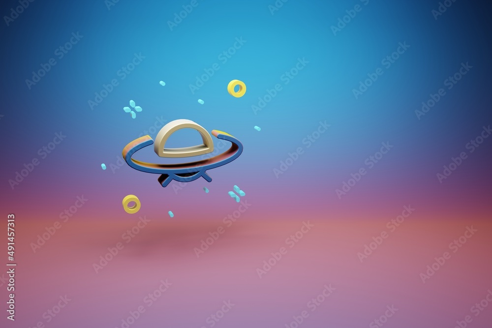 Poster Beautiful abstract illustrations Ufo and start symbol icon on a bright colored background. 3d rendering illustration. Background pattern for design. Space exploration..