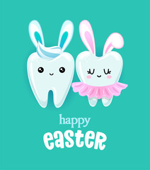 Happy Easter - Tooth couple character design in kawaii style. Hand drawn Toothfairy with funny quote. Good for school prevention posters, greeting cards, banners, textiles.