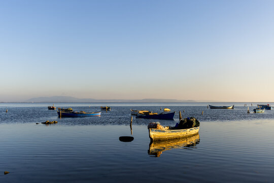 Boats on the sea in cloudless weather