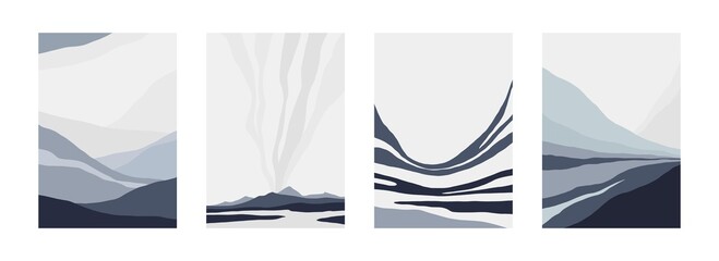 Abstract landscape posters. Trendy cold Icelandic covers with minimalistic scenery. Vector illustration