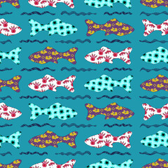 Naklejka premium Colorful cute floral sardine festival fish seamless pattern. Stylised watercolor flower patterned fishes effect. Playful summer food party background. Whimsical Lisbon hand drawn food festival design.