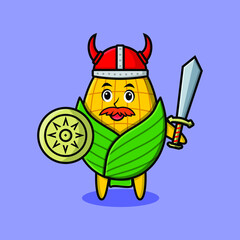 Cute cartoon character Corn viking pirate with hat and holding sword and shield in cute modern style design for t-shirt, sticker, logo element, poster