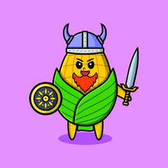 Cute cartoon character Corn viking pirate with hat and holding sword and shield in cute modern style design for t-shirt, sticker, logo element, poster