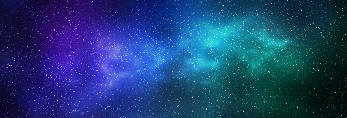 Night starry sky and bright blue green galaxy, horizontal background banner