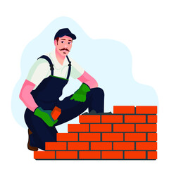 House building process. Workers using construction tools and materials, bricklayer, concrete maker, carpenter. urban area development. vector illustration.