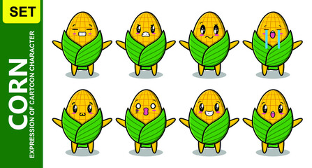 Set kawaii corn cartoon character with different expressions of cartoon face vector illustrations