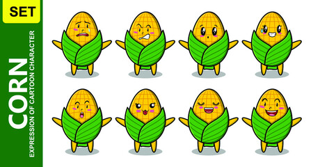 Set kawaii corn cartoon character with different expressions of cartoon face vector illustrations