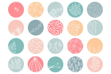 Highlight cover set, abstract floral botanical icons for social media. Vector illustration. watercolor design. Set of Instagram Story Highlights Covers Icons.