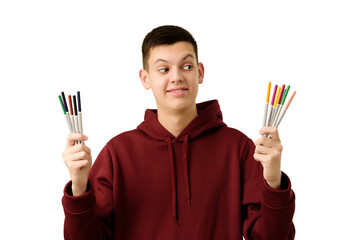 Cheerful teenage boy facing choice between boring gray life or tempting bright. Smiling student...