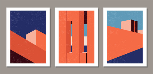 Set of contemporary geometry architecture posters in mid century modern style