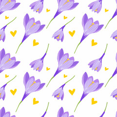 Beautiful pattern of spring snowdrops flowers. Violet crocus flowers. Hand drawn vector illustration.