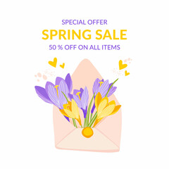 Spring sale background with beautiful crocus flowers in postal envelope. Hand drawn vector illustration template design for poster, postcard, banner, flyers, invitation