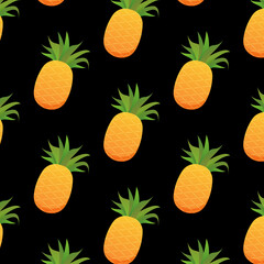 Pineapple pattern on black background. Vector illustration. Pineapple fruit. 