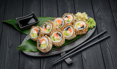 Hot tempura roll with salmon and cheese