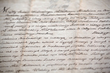 Old handwritten text in polish language. Grunge Vintage Texture Background.