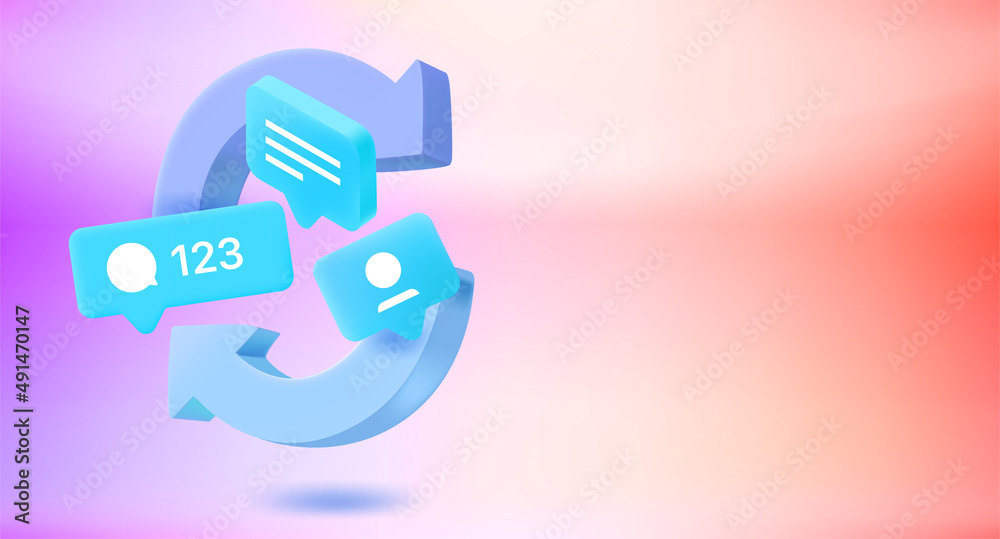 Poster refreshing social media concept with chat balloons with hearts. 3d vector banner with copy space