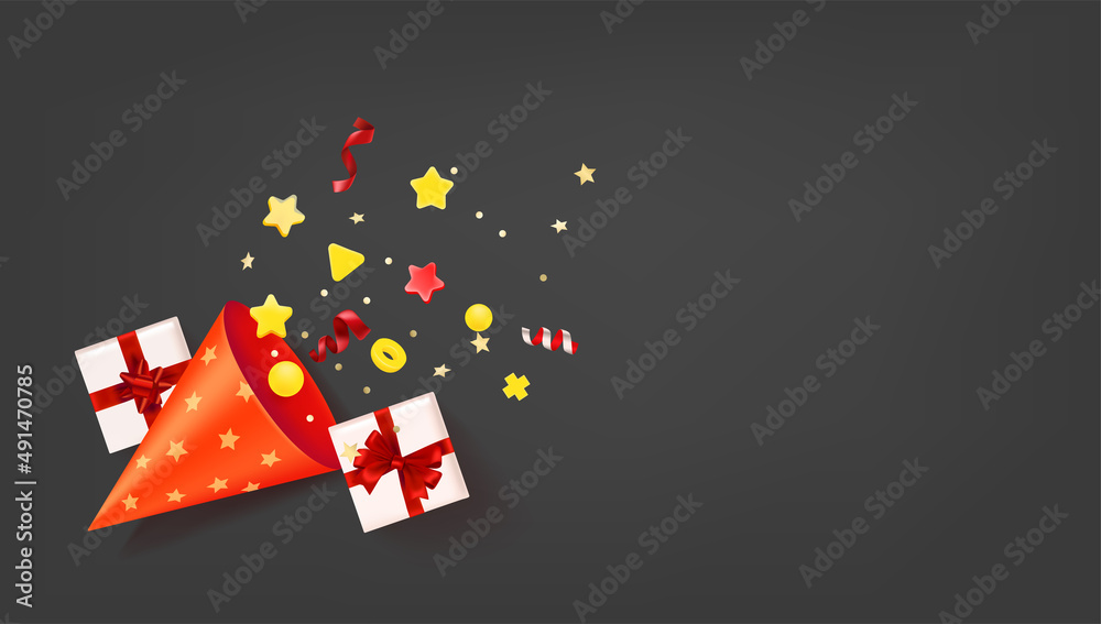 Poster holiday concept with confetti. 3d vector banner with copy space