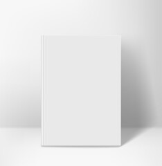 White book standing od a wall vertical. 3d vector mockup for branding