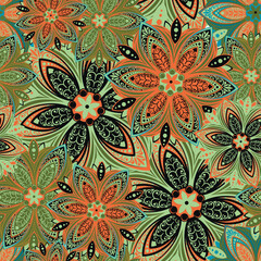 Mandala. Seamless pattern with stylized decorative flowers. Vector image. 