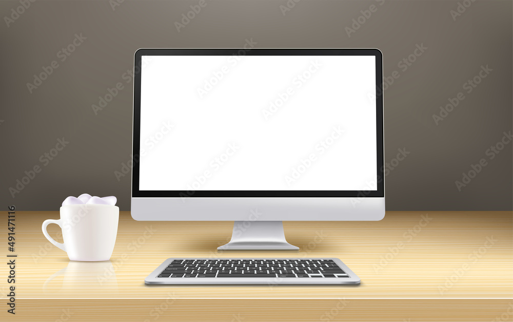 Poster Modern computer with blank screen on a wood mirror table. 3d vector banner with copy space