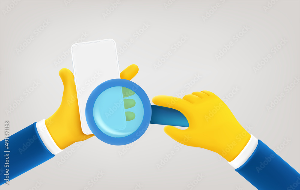 Poster man holding smartphone and magnifier. searching information concept