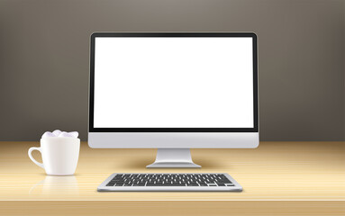 Modern computer with blank screen on a wood mirror table. 3d vector banner with copy space