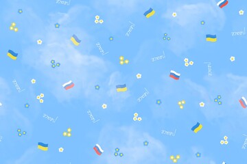 Seamless pattern of flowers, inscriptions peace and flags of Ukraine and Russia on background of a blue sky with light clouds.