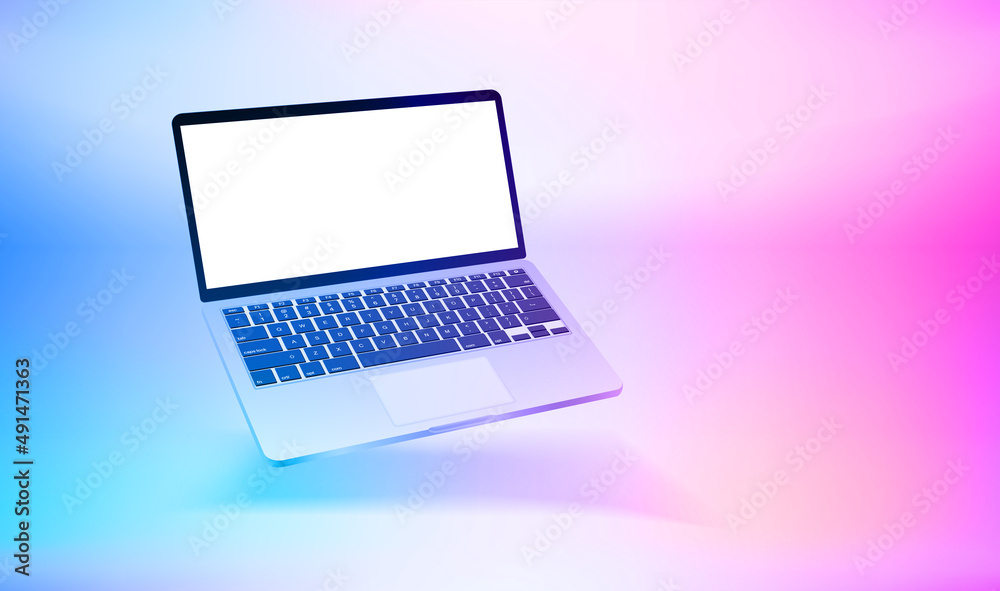 Poster modern laptop with bright blank monitor. 3d vector illustration with holographic effect