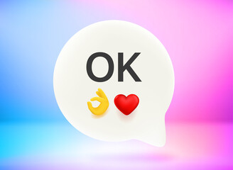 OK message. Chat bubble with cute emojis. Vector 3d illustration