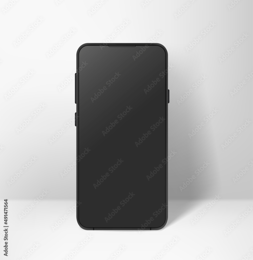 Poster modern mobile phone with black screen. 3d vector mockup