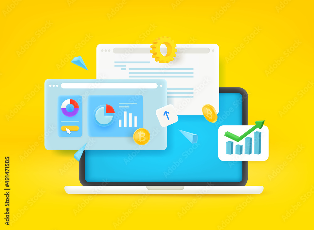 Poster Browser windows with different charts on modern laptop. Internet business concept. 3d vector illustration